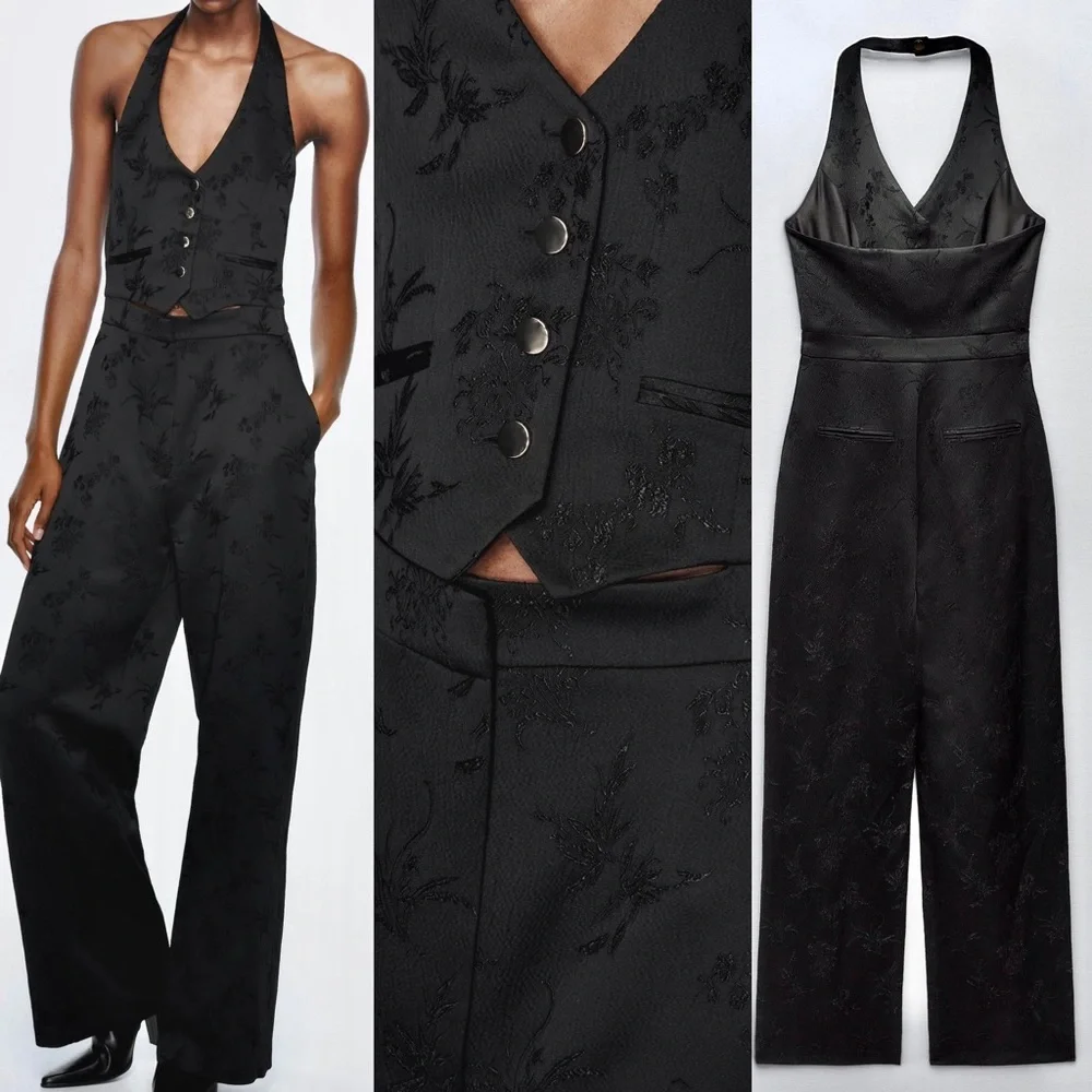 Zara | Pants & Jumpsuits | Zara Nwt Satin Jacquard Vest Halter Neck Jumpsuit V Neck Black Floral | Poshmark Zara | Pants & Jumpsuits | Zara Nwt Satin Jacquard Vest Halter Neck Jumpsuit V Neck Black Floral | Poshmark